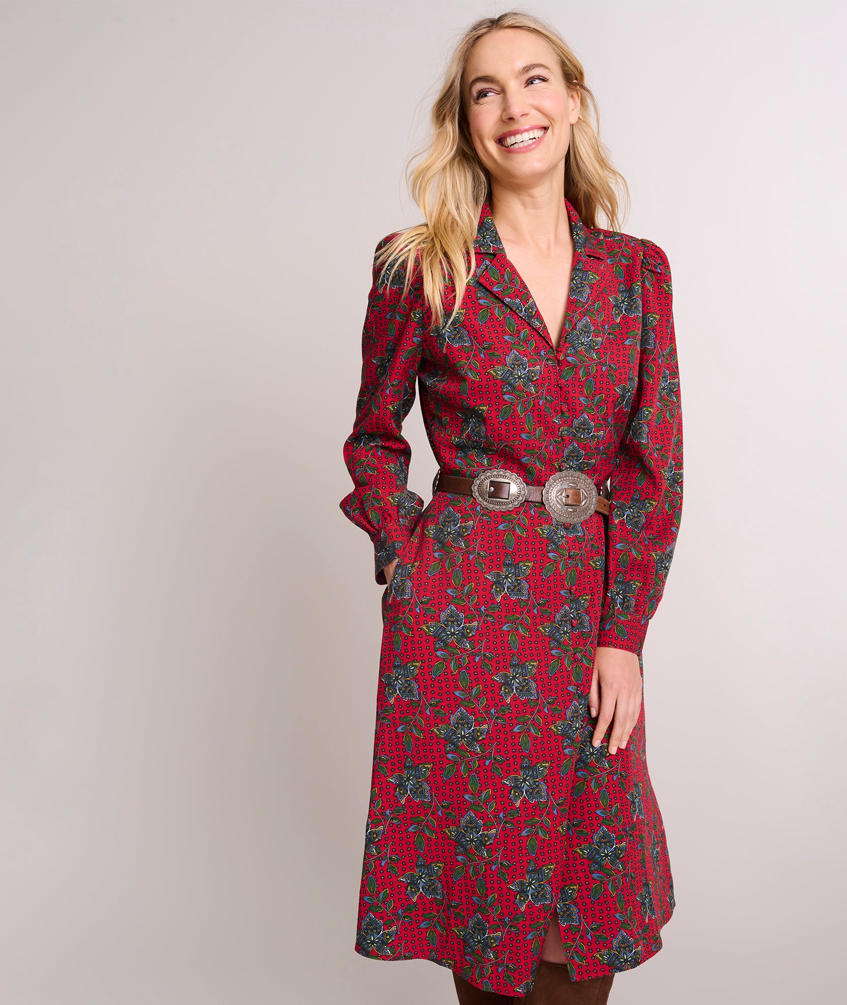 Model is wearing UNTUCKit Soft Bandana Paisley Jessa Dress in red.