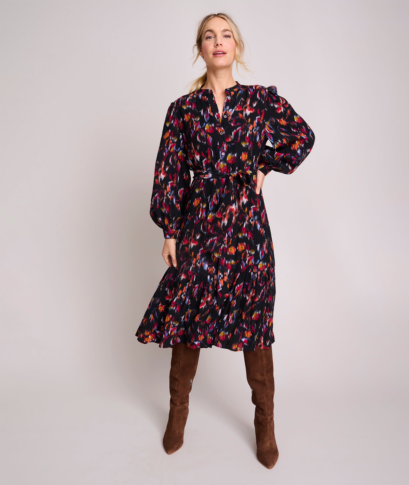 Model is wearing UNTUCKit Soft Crinkle Ikat Maya Dress. 