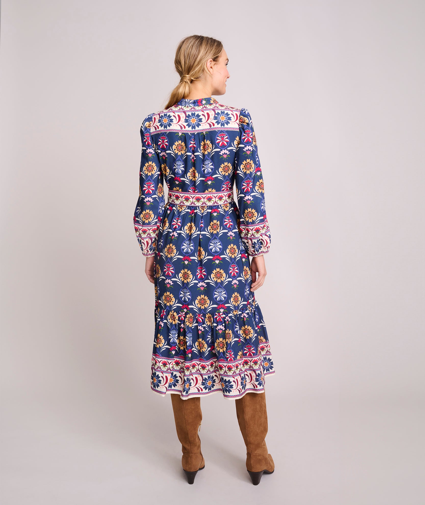 Model is wearingSoft Twill Floral Border Print Flora Dress. 