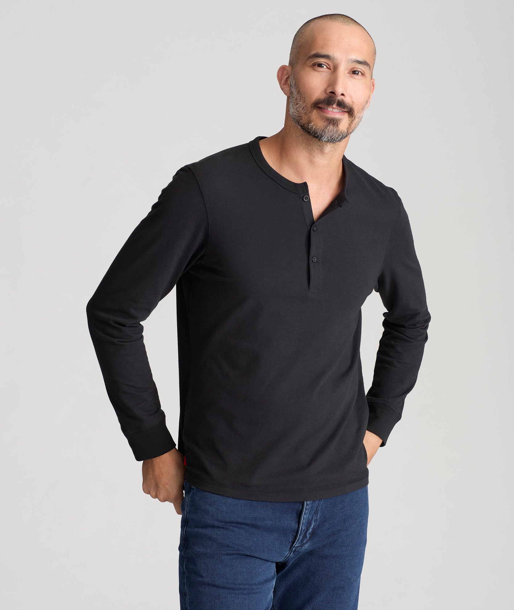 Model wearing a Black Ultrasoft Long-Sleeve Henley