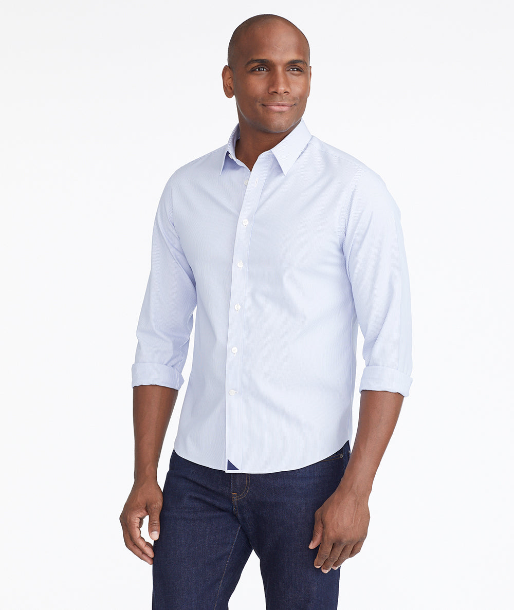 Model wearing a Blue Wrinkle-Free Bordeaux Shirt