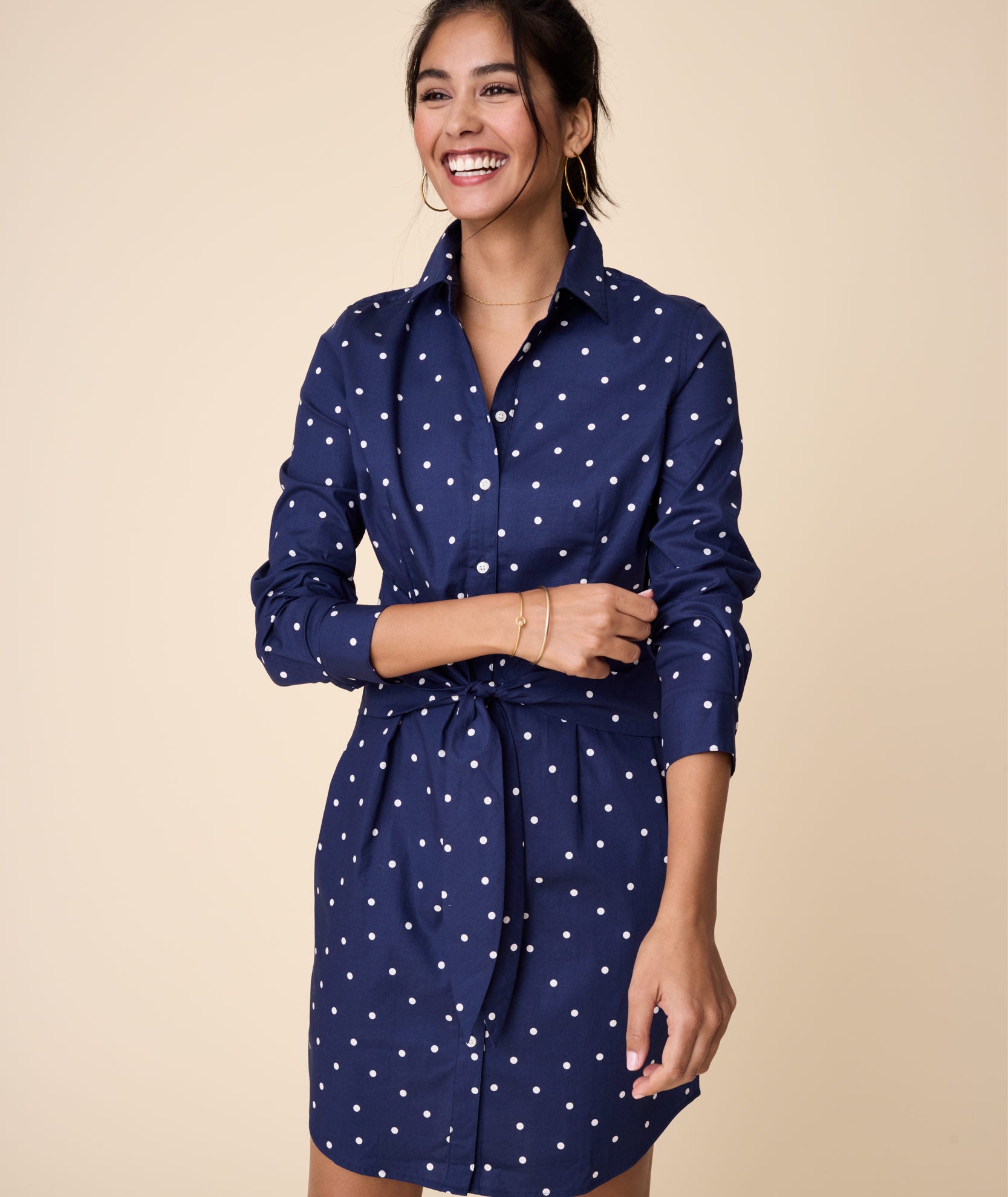 Model wearing an UNTUCKit Madeline Shirt Dress.