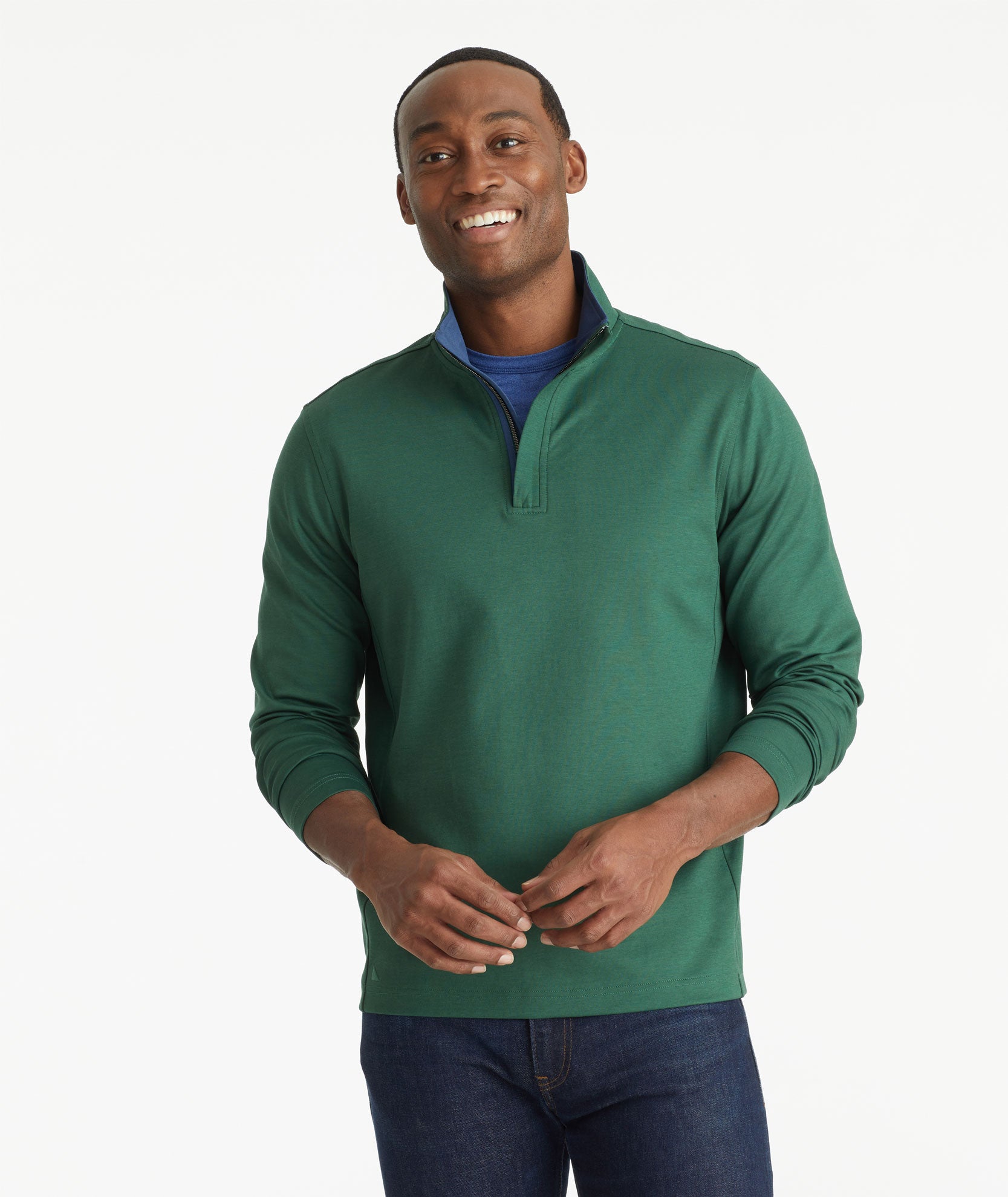 Model wearing an UNTUCKit Dark Green Wrinkle-Free Quarter-Zip