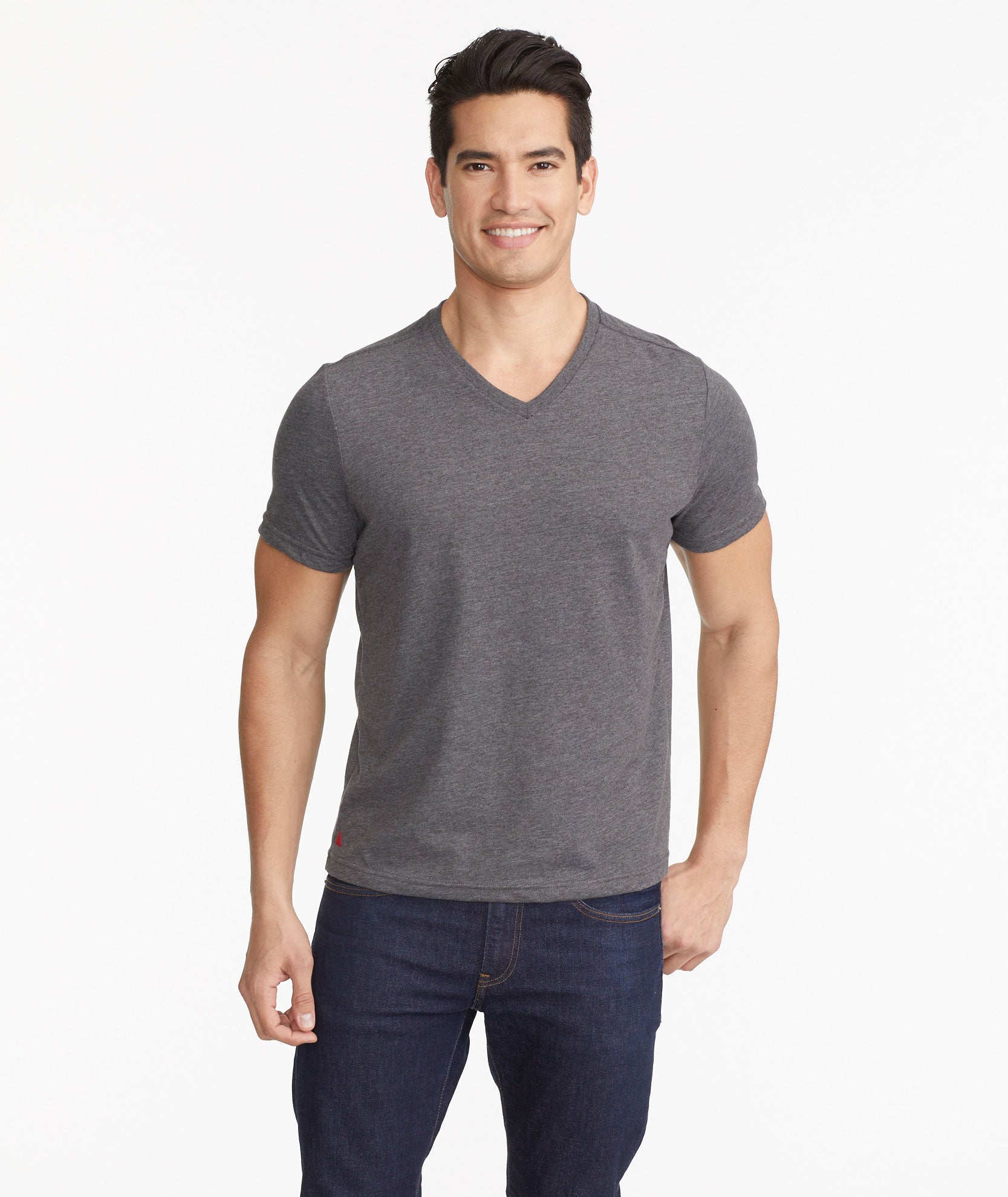 Model wearing a Charcoal Ultrasoft V-Neck Tee