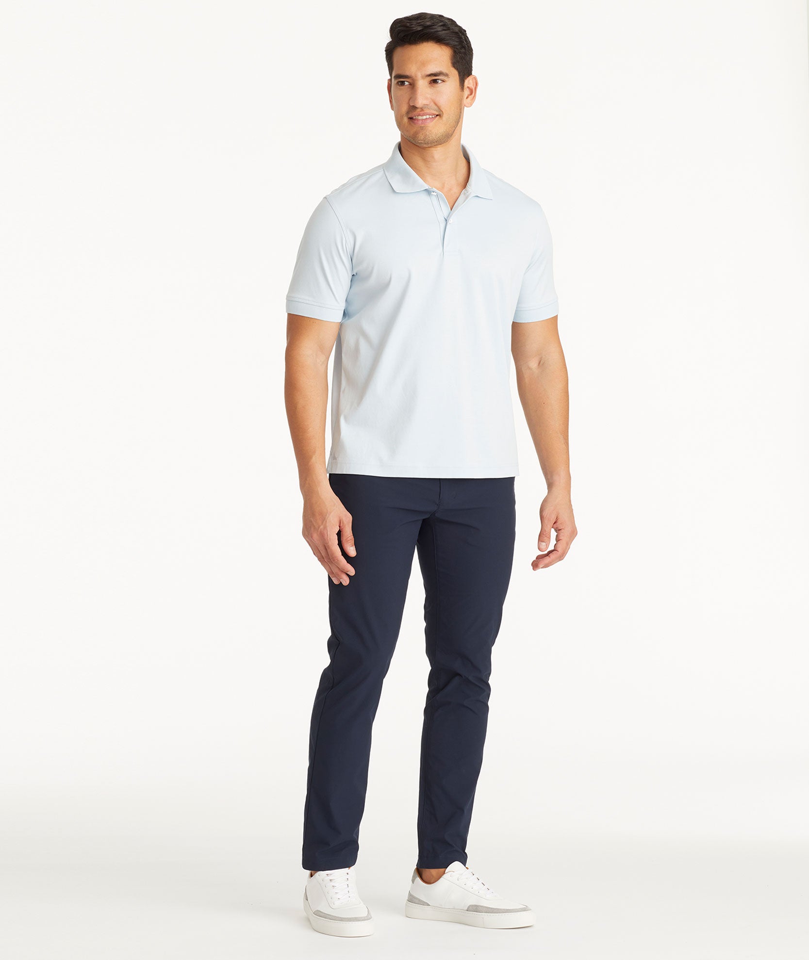 Model wearing UNTUCKit Navy Traveler Pants