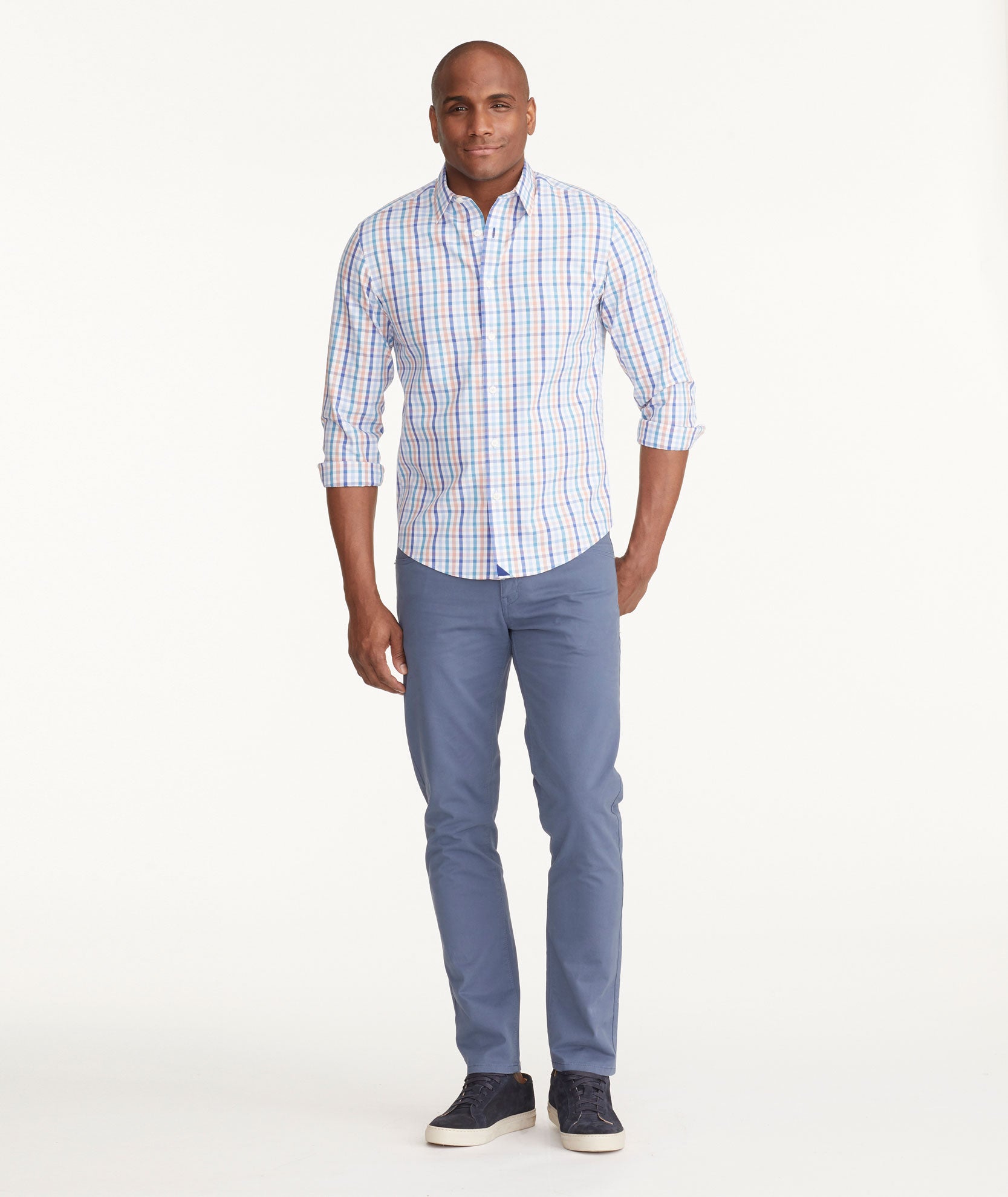 Model wearing a Mid Blue 5-Pocket Pants