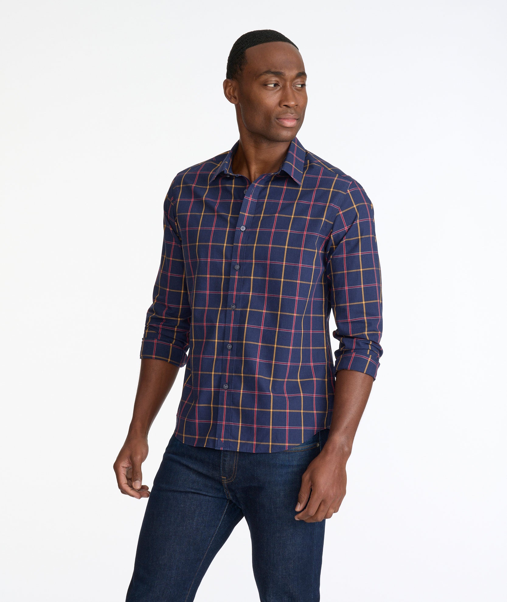 Model wearing a Navy Wrinkle-Free Georgio Shirt