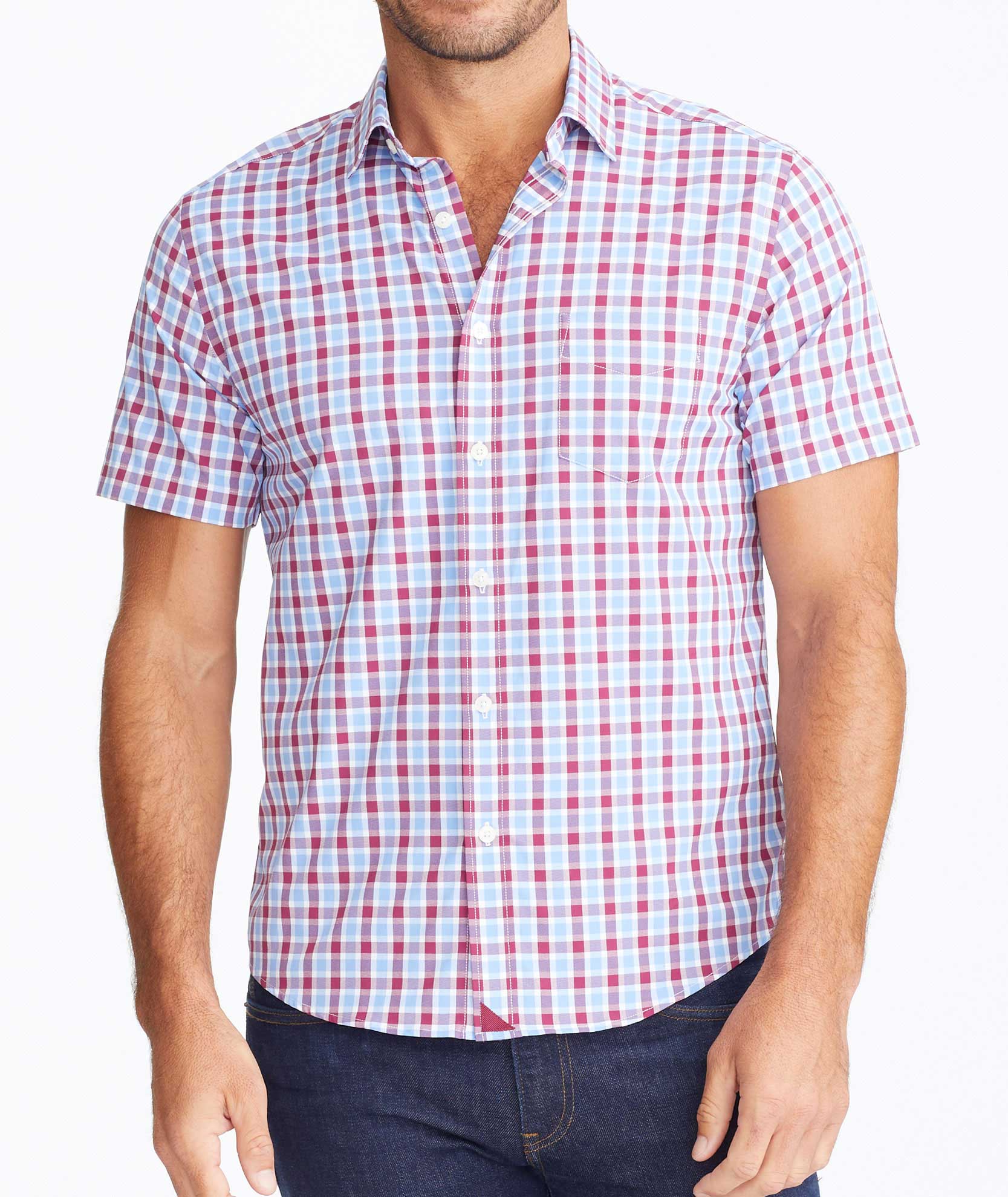 Model wearing a Light Blue Wrinkle-Free Performance+ Short-Sleeve Hopler Shirt