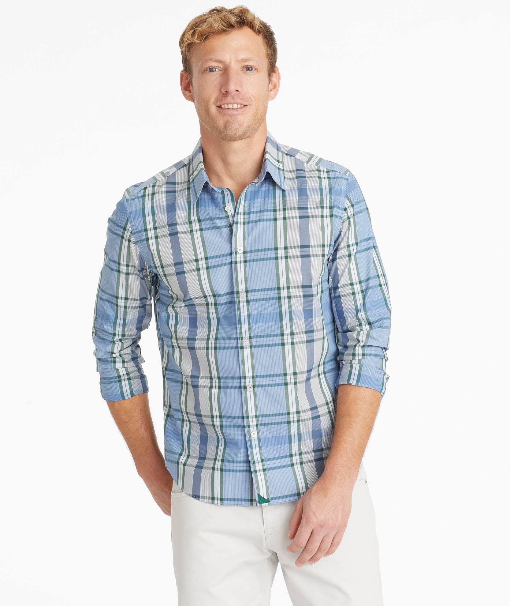 Model wearing an UNTUCKit Navy Wrinkle-Free Malibran Shirt