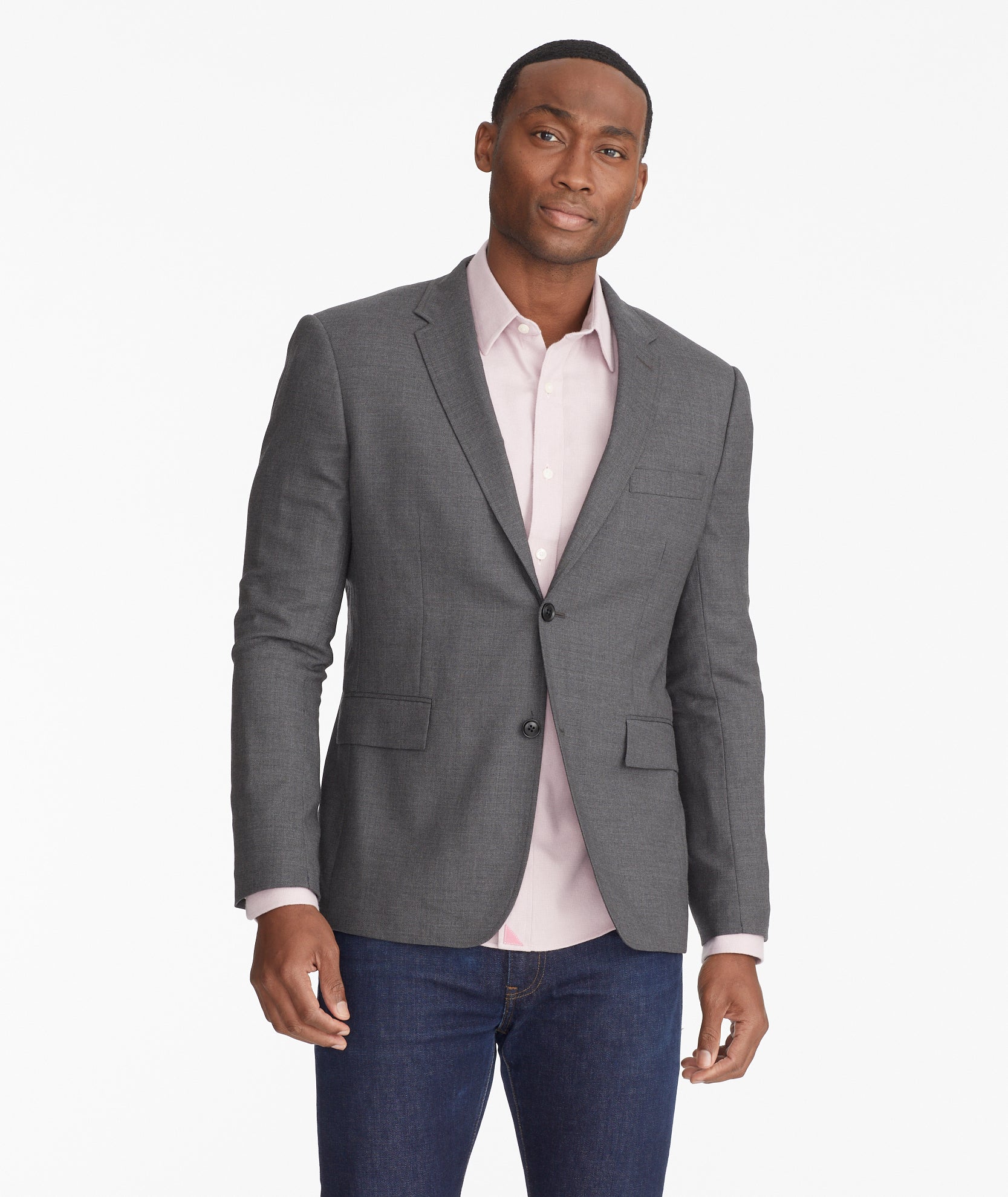 Model wearing an UNTUCKit Grey Wrinkle-Resistant Palazzo Sport Coat