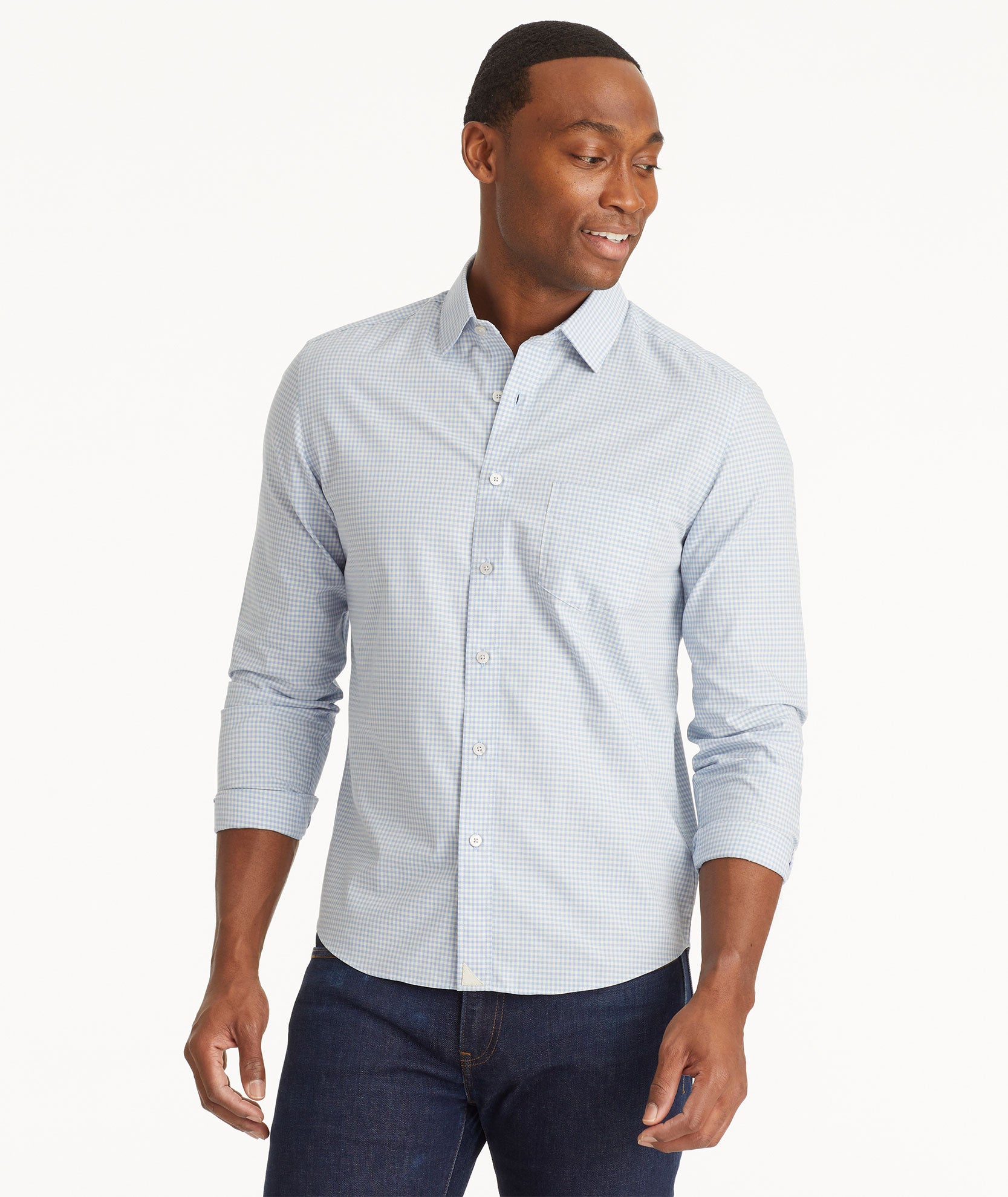 Model wearing an UNTUCKit Navy Wrinkle-Free Trieste Shirt